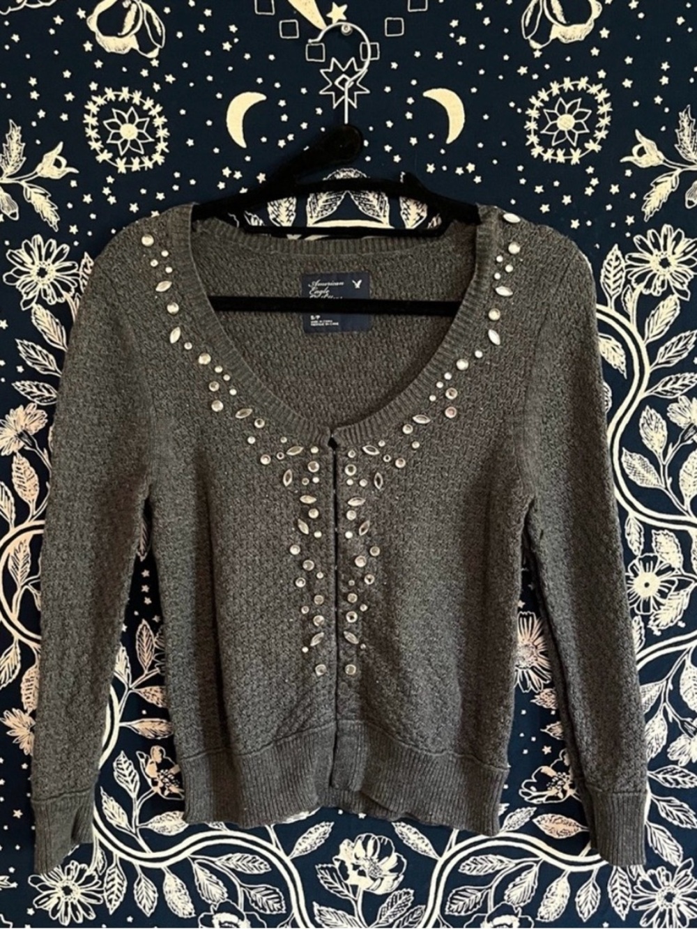 American Eagle Outfitters Gray Embellished Scoop-Neck Cardigan